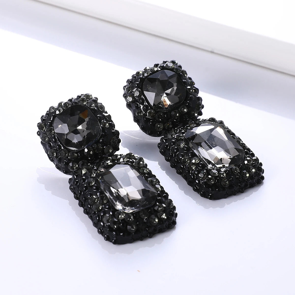 Vintage Costume Jewelry Party Accessories Gunblack Chunky Gray Black Crystal Rhinestone Square Statement Earrings for Women