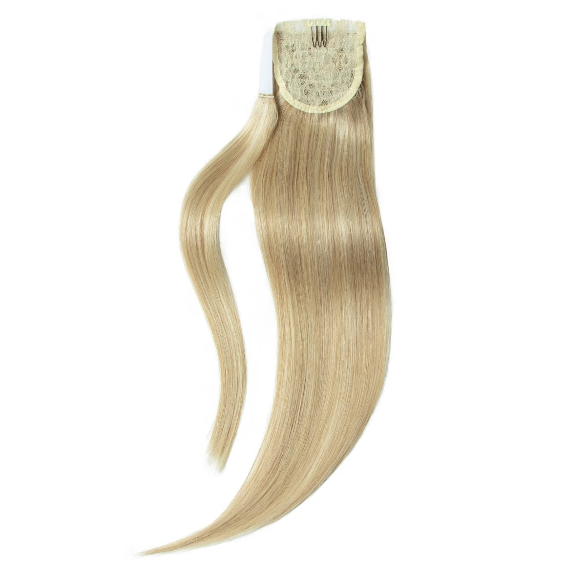MRS HAIR human hair clip-in ponytail in #60 blonde, styled as a high ponytail, 12–22 inches