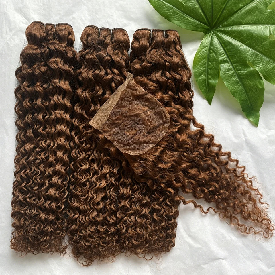 Chocolate brown human hair bundles with deep curly waves and HD transparent lace closure for natural, wet and wavy hairstyle.