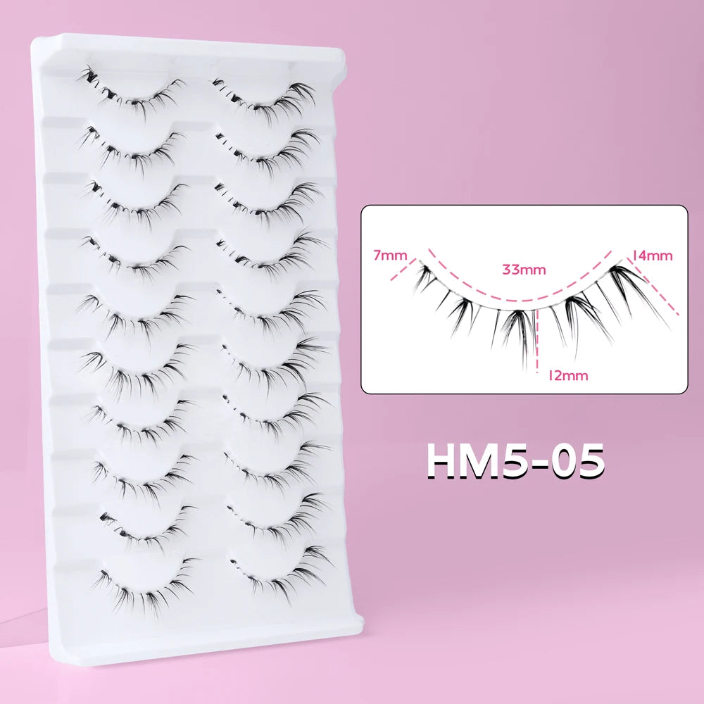 10Pairs HSF Marketplace false bottom eyelashes with clear band, wispy small flame design for manga, cosplay, and Korean makeup looks.