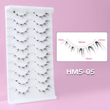 10Pairs HSF Marketplace false bottom eyelashes with clear band, wispy small flame design for manga, cosplay, and Korean makeup looks.