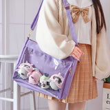 Black Big Ita Bag with clear insert, double straps, kawaii transparent shoulder handbag for women, stylish and cute.