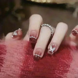 HSF Marketplace cute girly short square false nails with white French tips, glitter stars, rhinestones, bows and cat-eye accents