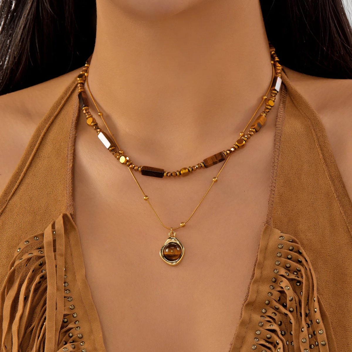 Retro 3 Layers Gold Plated Tiger Eye Stone Necklace For Women Boho Sun Zircon Sun Pendant Beaded Stackable Choker Party Jewelry
