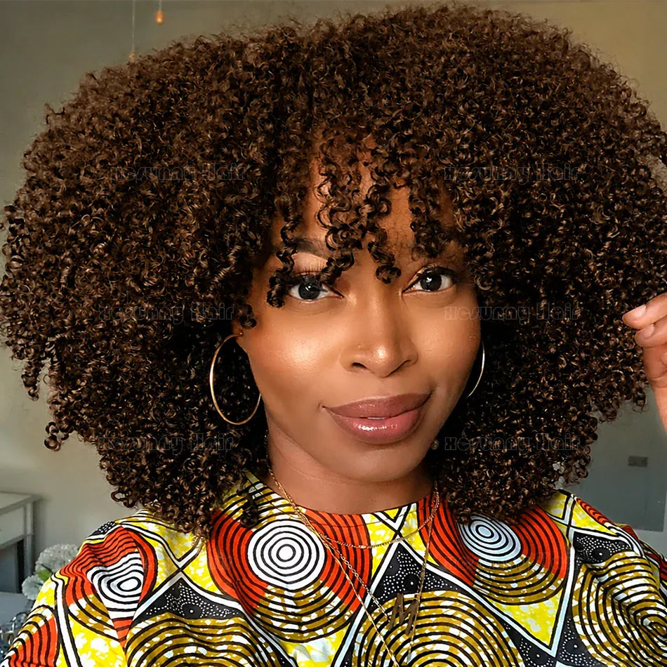 Afro Kinky Curly Human Hair Wig With Bangs Color 4 Chocolate Brown Scalp Top Bang Wig Glueless Full Machine Made Weft Wig