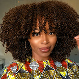 Afro Kinky Curly Human Hair Wig With Bangs Color 4 Chocolate Brown Scalp Top Bang Wig Glueless Full Machine Made Weft Wig