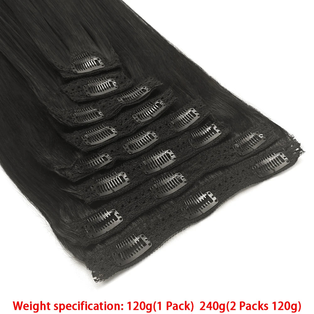 Brazilian Remy virgin hair clip-in extensions, 120g 8-piece set in natural black straight style