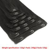 Brazilian Remy virgin hair clip-in extensions, 120g 8-piece set in natural black straight style