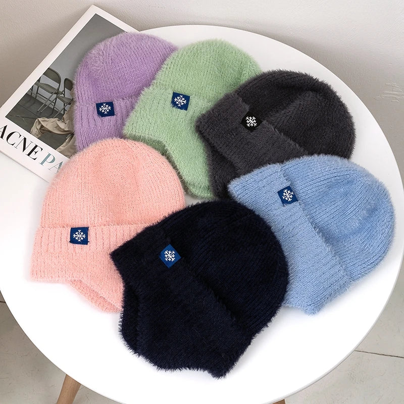 Women's candy-color faux fur knitted earflap winter hat, soft Kpop-style beanie cap in a streetwear design