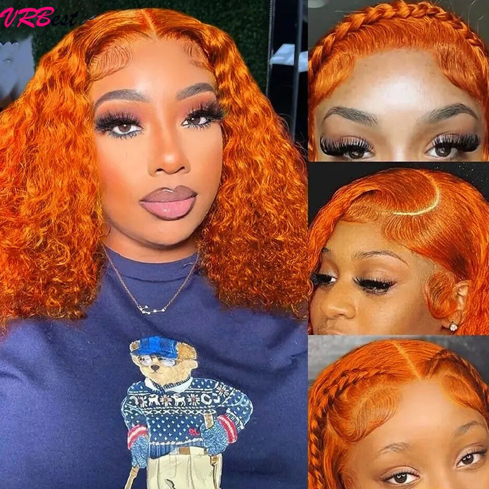 Ginger Orange Bob Wig Human Hair Deep Wave Curly Human Hair Wigs For Women 100% Human Hair Water Wave 13X4 Lace Frontal Bob Wig