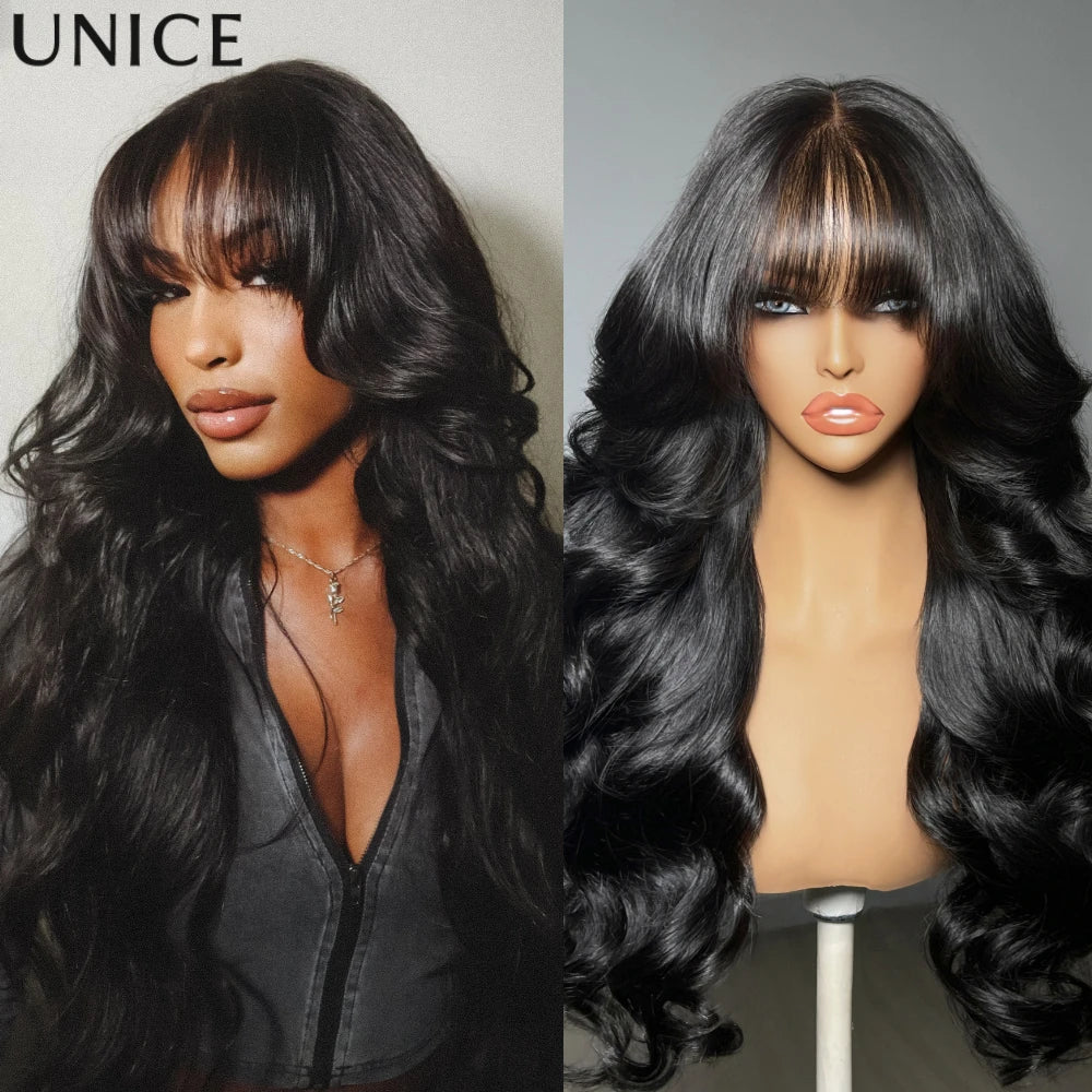 Loose wave lace frontal human hair wig with bangs, HSF Marketplace