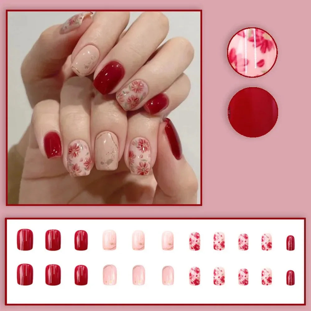 HSF Marketplace pink short square French press-on false nails with glitter flower design, 24-piece set