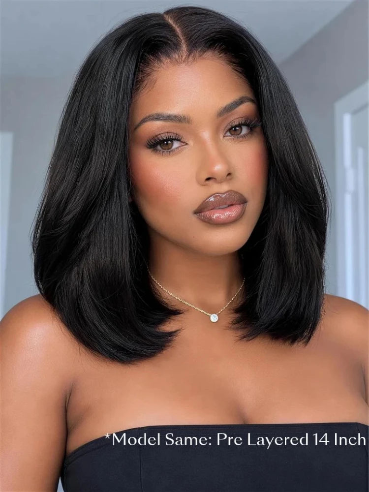 UNice Natural Black Yaki Bob Wig 7x5 Lace Bye-Bye Slip™ Put-On-and-Go Glueless Human Hair Drawstring Wig for Beginners