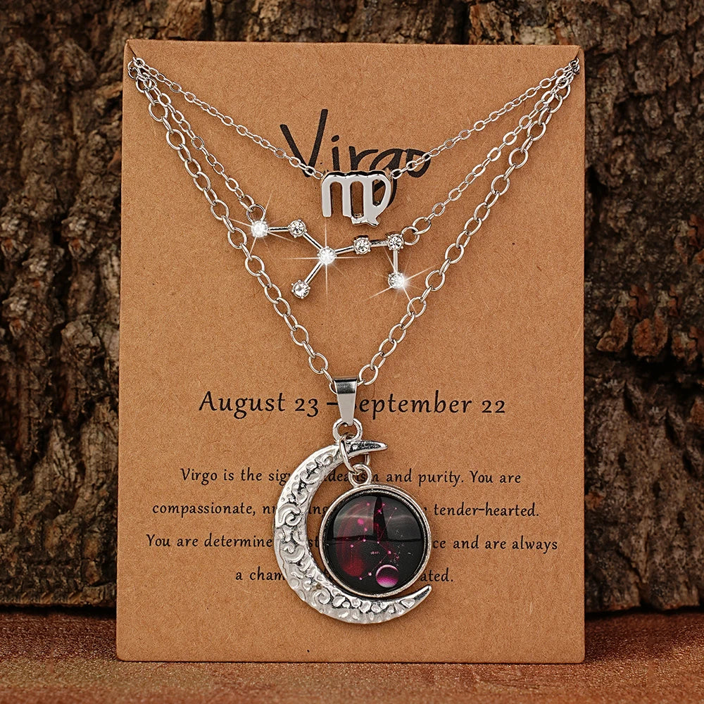 Set of three zodiac moon glow pendant necklaces with birthstone cards, perfect birthday gift for friends and besties.
