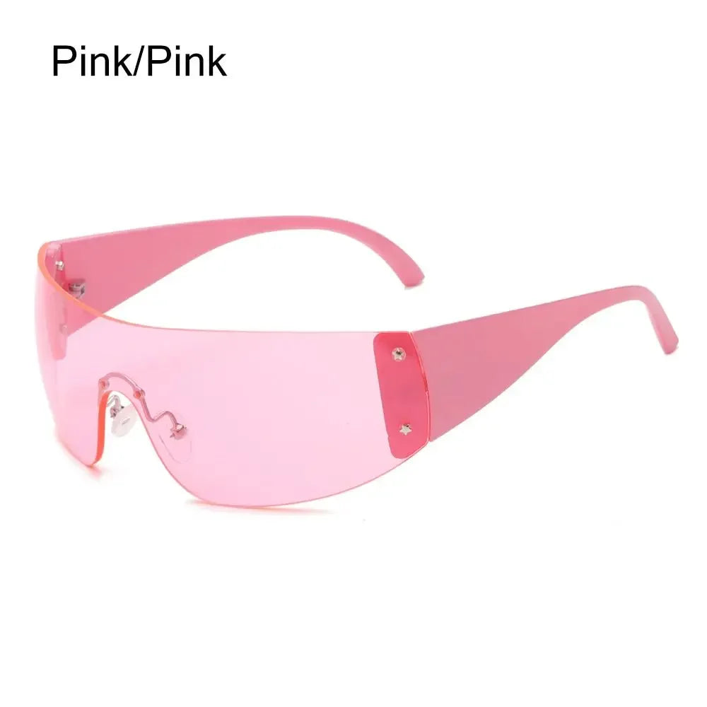 Y2K rimless punk sunglasses by HSF Marketplace, wrap-around sun glasses with a luxury sporty design for women and men.
