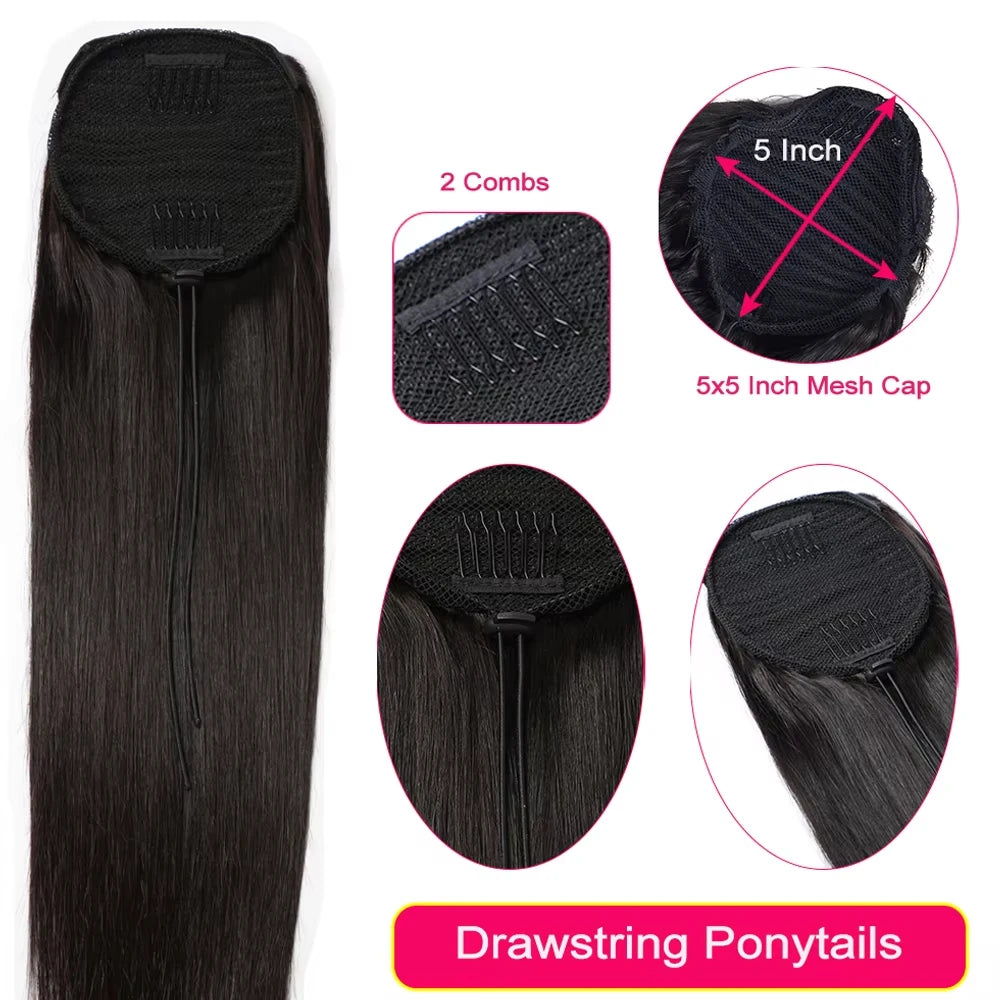 HSF Marketplace human hair drawstring ponytail extension, natural silky straight Remy clip-in hairpiece
