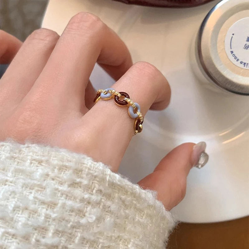 925 Sterling Silver Open Finger Ring Golden Enamel Donut Dazzling Geometric Punk For Women Jewelry Gift Dropship Wholesale