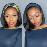 Short bob straight Peruvian Remy human hair headband wig, 250% density, machine-made scarf wig for women