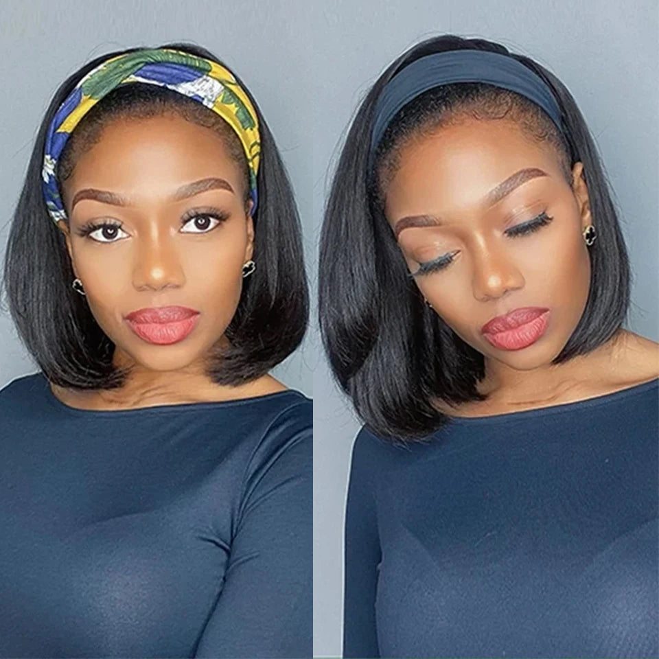 Short bob straight Peruvian Remy human hair headband wig, 250% density, machine-made scarf wig for women