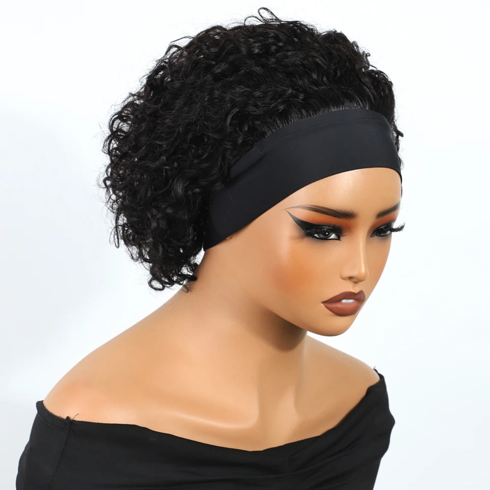 Short curly pixie bob human hair wig, glueless full machine-made Brazilian Remy hair with headband setup