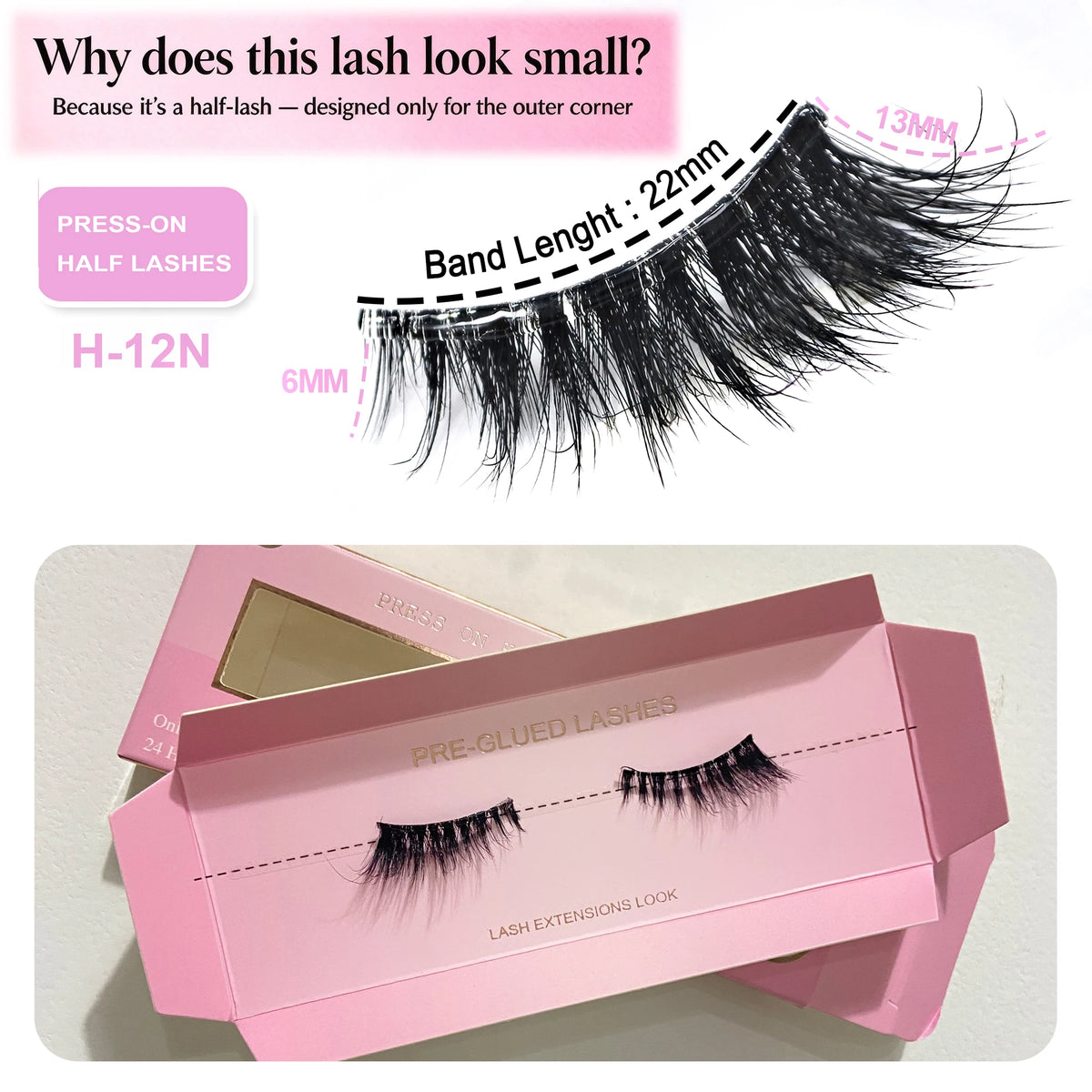 HSF Marketplace self-adhesive press-on half lashes with soft clear band and cat-eye style