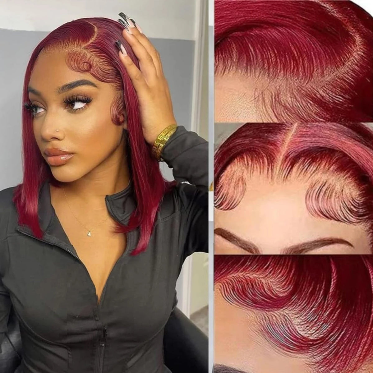 Burgundy 99J straight bob wig with 13x4 frontal lace, short human hair red wig by HSF Marketplace