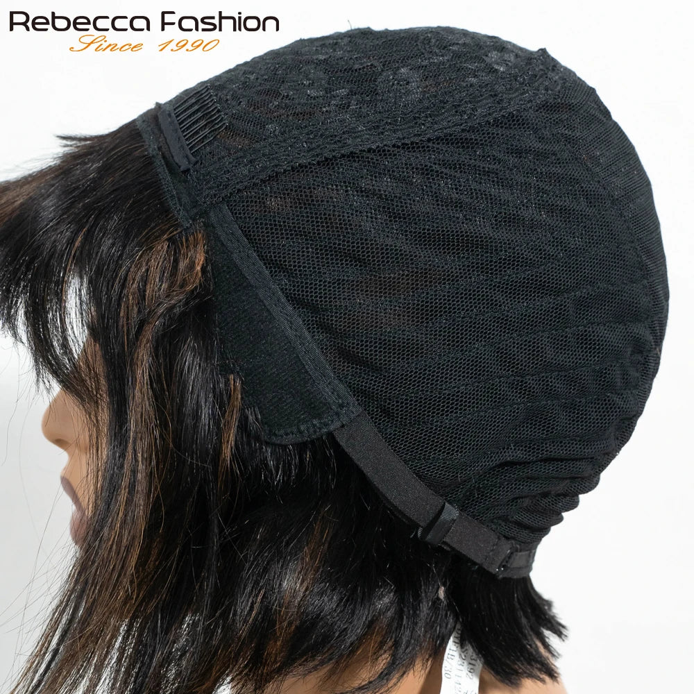 Rebecca short bob wig with bangs, Brazilian straight human hair in mixed color 1B/30, glueless machine-made wig