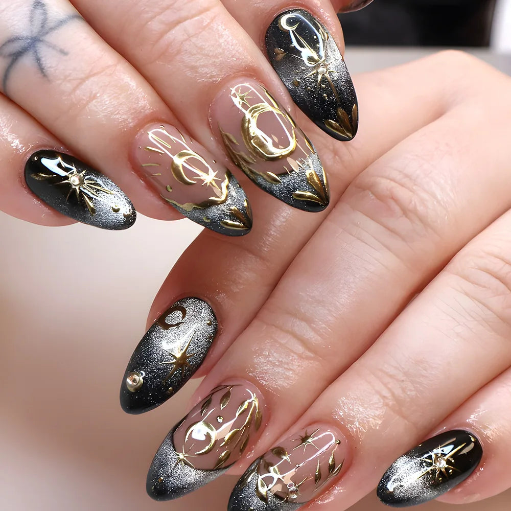 24-piece Y2K gradient blue French press-on almond nails with gold moon and star designs by HSF Marketplace