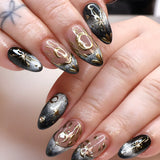 24-piece Y2K gradient blue French press-on almond nails with gold moon and star designs by HSF Marketplace