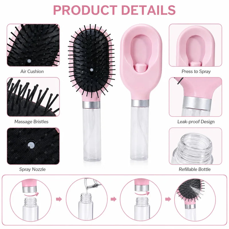 3Pcs Pink Hair Brush Set with Spray Bottle Air Cushion Massage Comb Hollow Vent Detangling Brush Wet Dry Hair Styling Salon Tools
