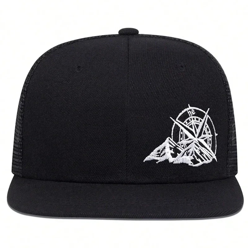 Unisex compass embroidery adjustable baseball cap in black, close-up view of women's hip-hop hatեական