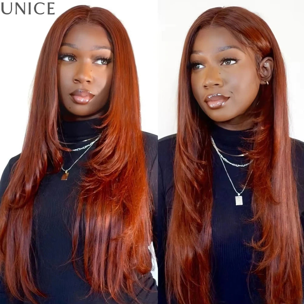 Layered reddish brown straight human hair wig by HSF Marketplace