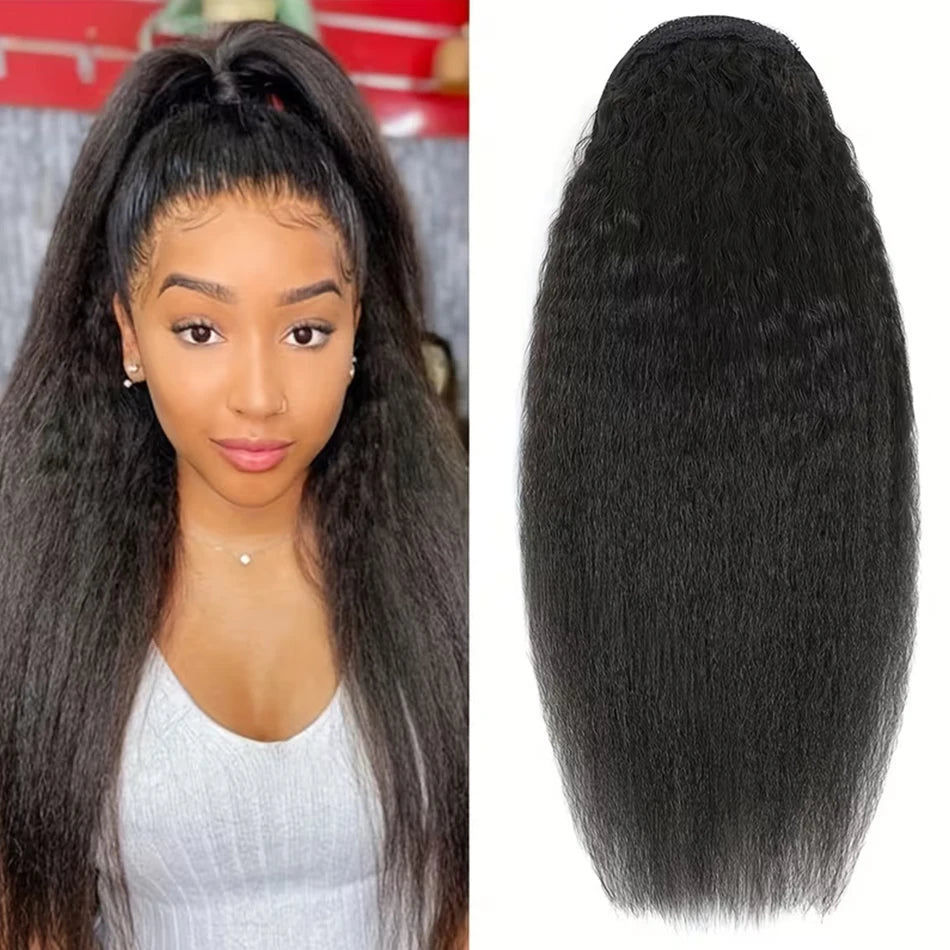 HSF Marketplace human hair kinky straight drawstring ponytail extension, yaki texture clip-in ponytail brunette