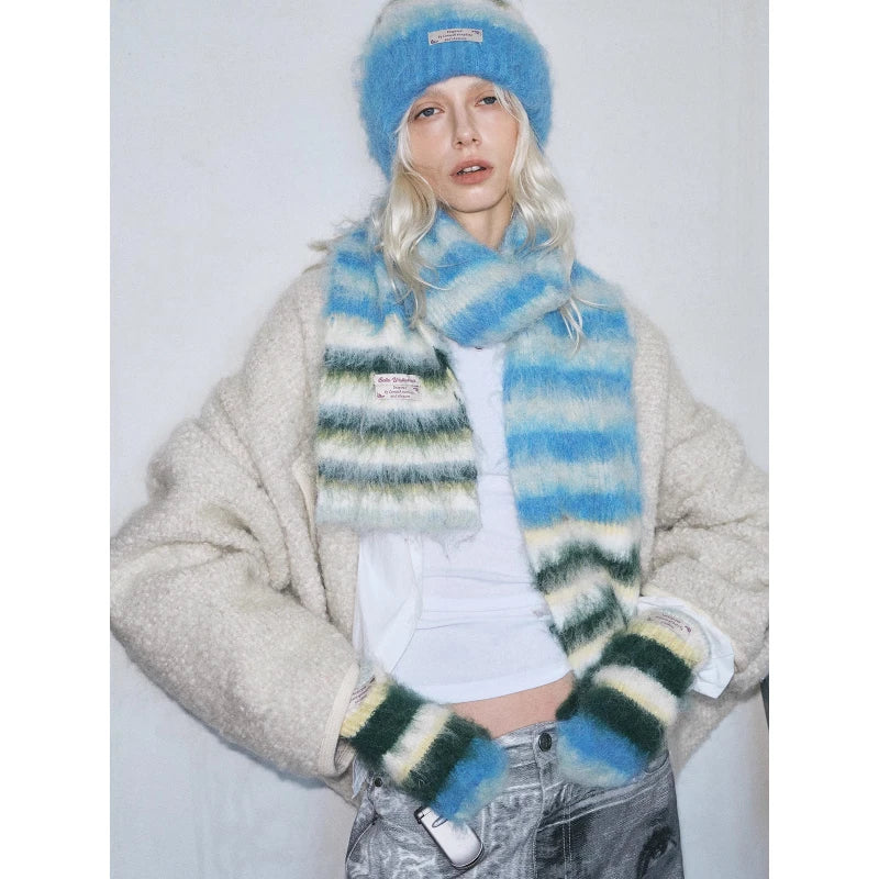 Y2K striped winter scarf, gloves and hat set for women by HSF Marketplace