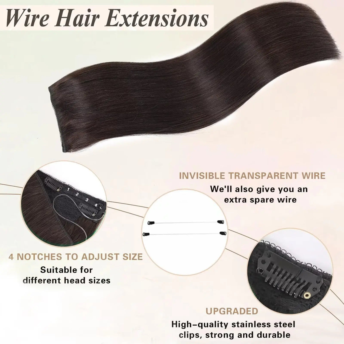 Dark brown invisible wire human hair halo extensions with clips, adjustable clip-in style for women