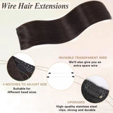 Dark brown invisible wire human hair halo extensions with clips, adjustable clip-in style for women