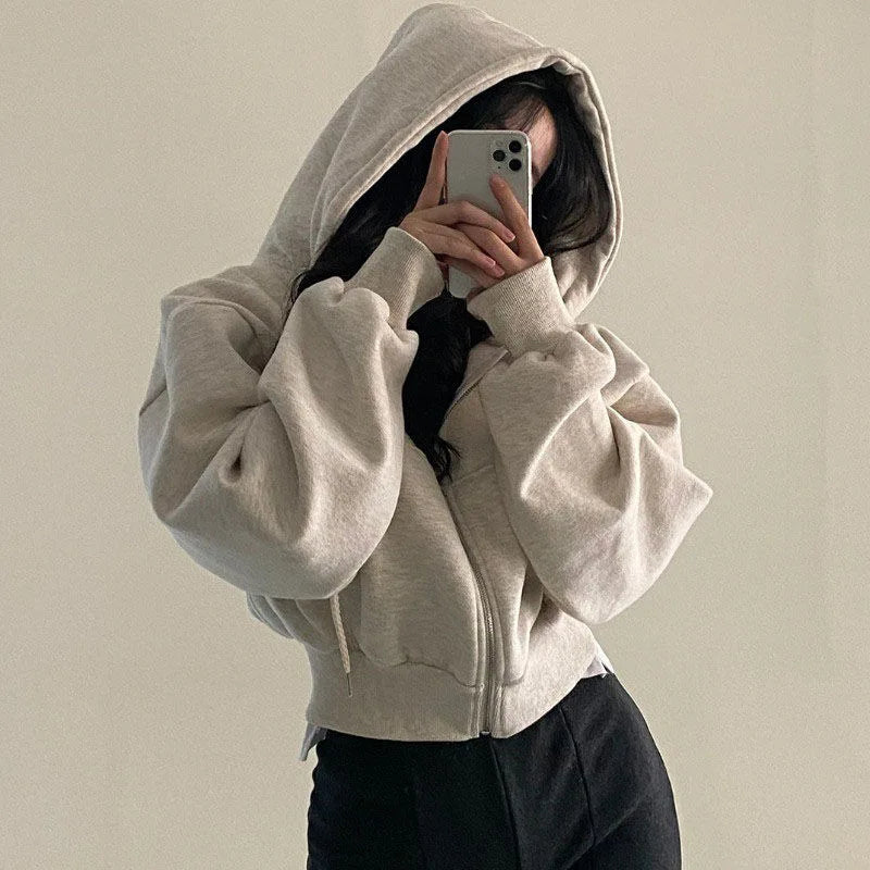 Women’s hooded zip-up sweatshirt in casual autumn-winter style, K-Culture merch by HSF Marketplace