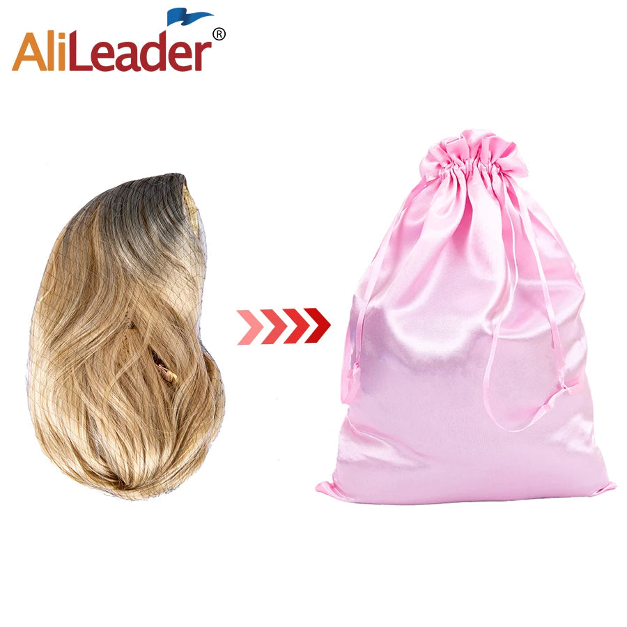 Silk wig storage bags by HSF Marketplace for hair extensions, drawstring satin bags for storing hair bundles and wigs.