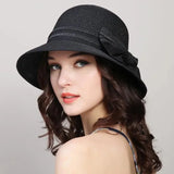 Muchique women's summer straw boater hat with wide brim and casual bow for beach travel