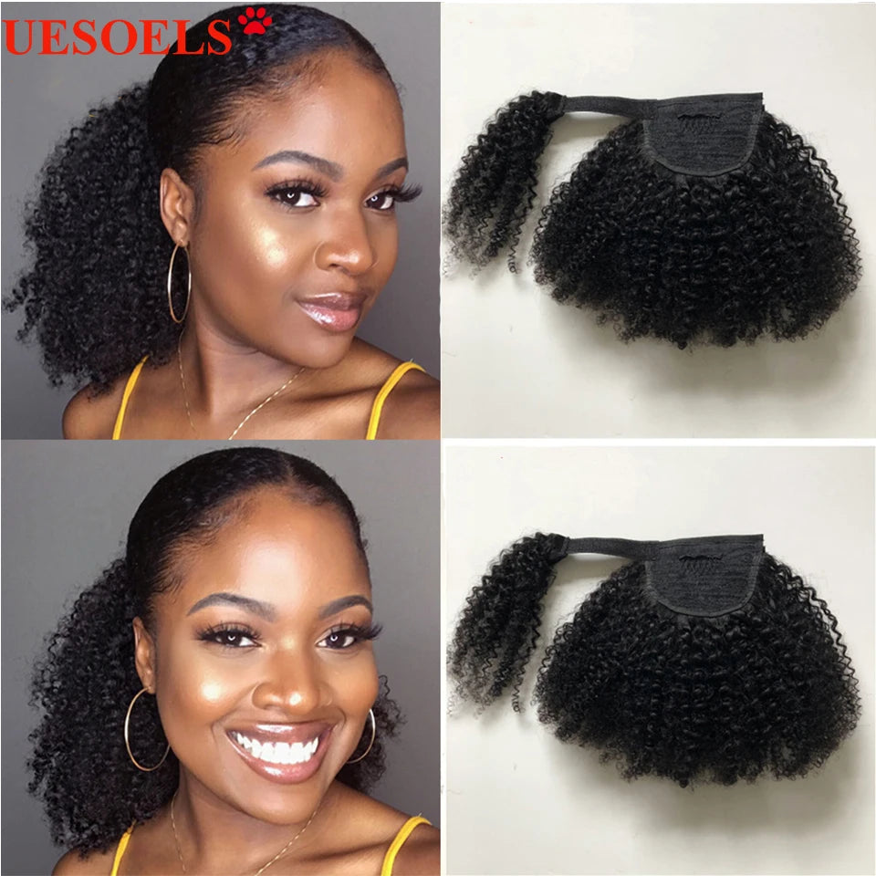 Mongolian Afro kinky curly human hair clip-in wrap-around ponytail extension in natural curls
