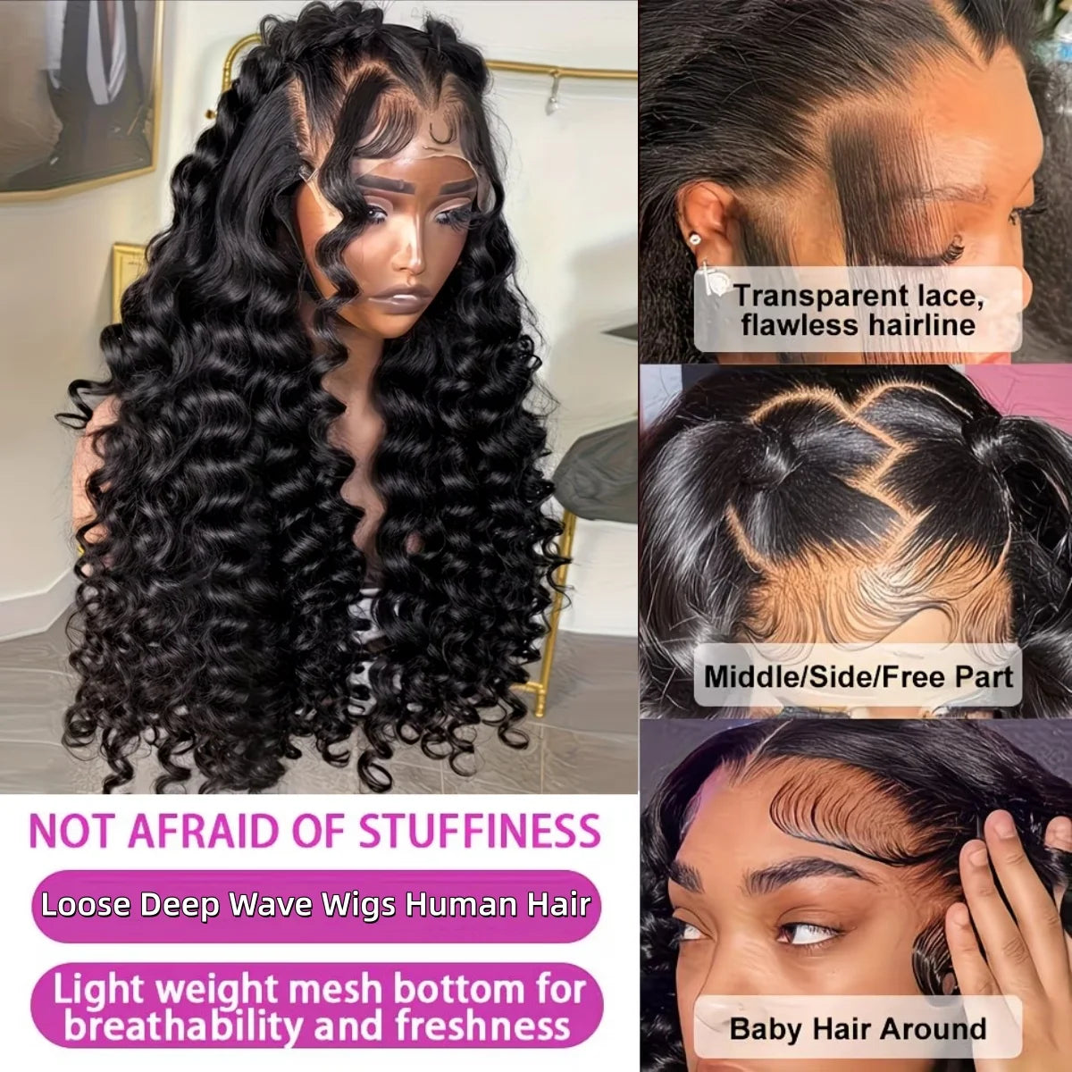Deep wave lace front wig by HSF Marketplace, 26-inch human hair curly wig with HD lace, pre-plucked, 200 density for black women.