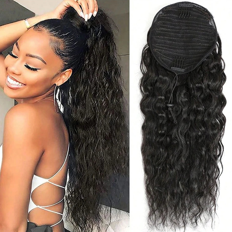 HSF Marketplace human hair kinky straight drawstring ponytail extension, yaki straight clip-in ponytail for Black women