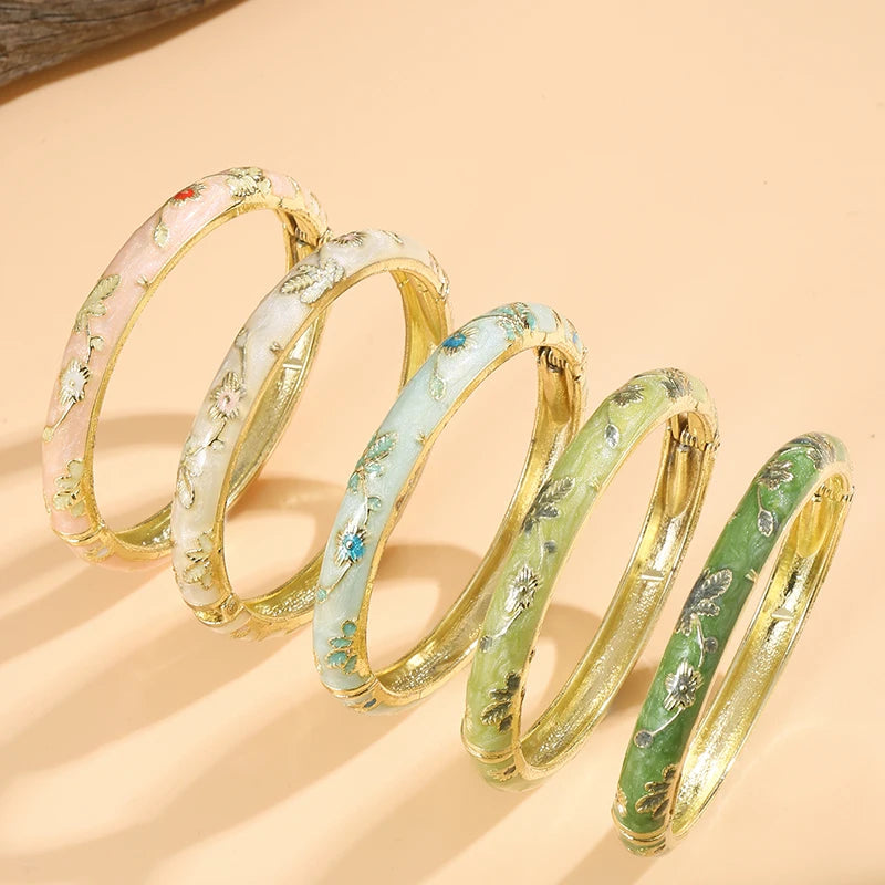 Jardme 5Pcs Enamel Dropped Glaze Flower Bracelet For Women Classic Vintage Cloisonne Open Bangles Elegant Bohemian Jewelry Gifts