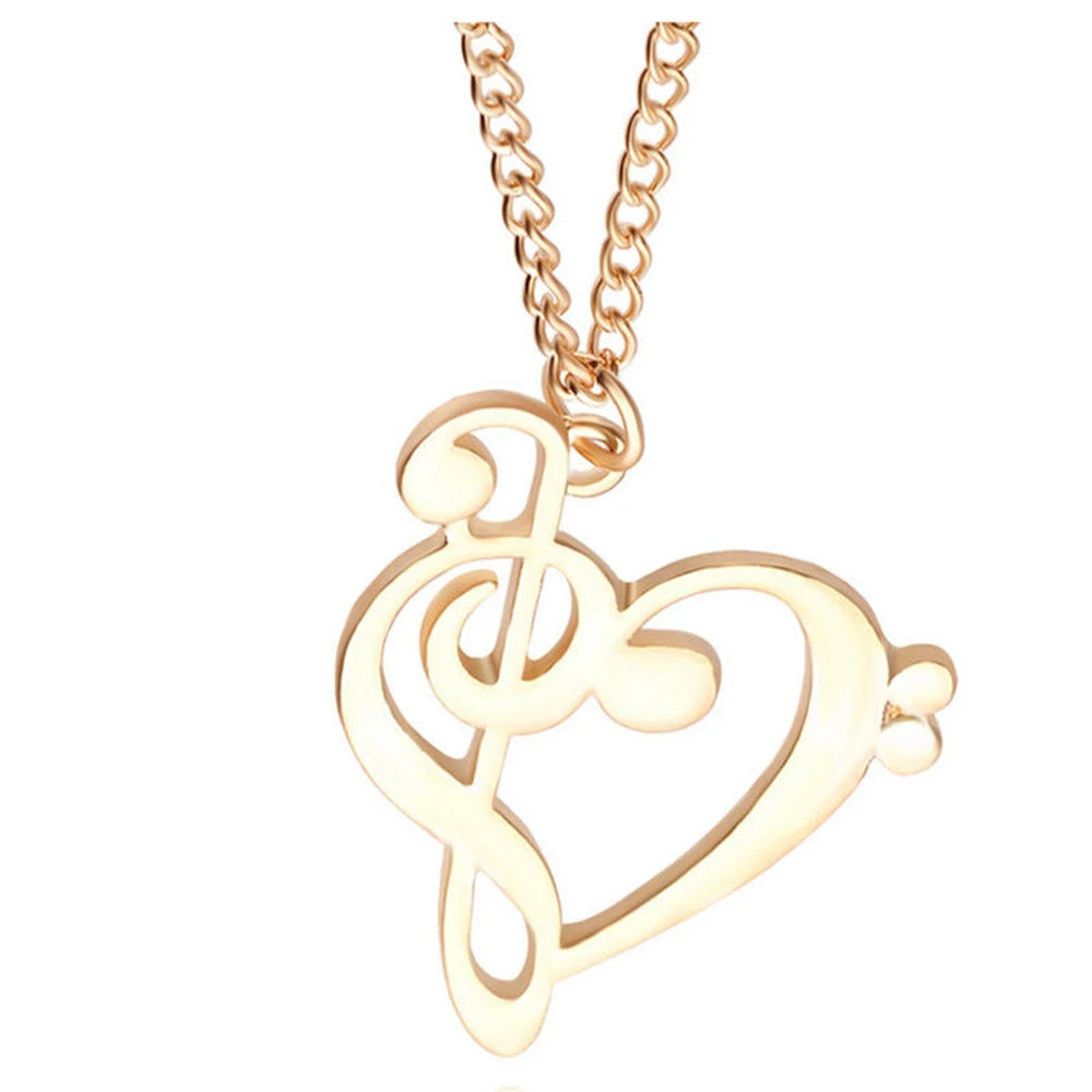 Music note heart necklace featuring treble and bass clef charms, stainless steel jewelry for women, infinity love pendant.