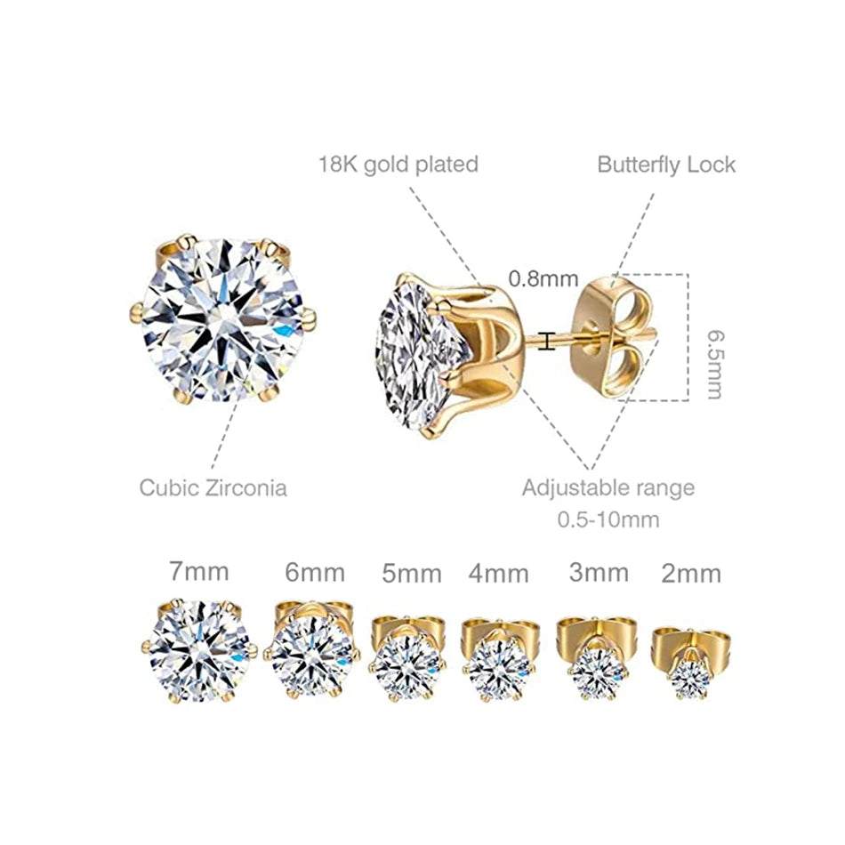 12 pairs white crystal stud earrings set, round and square zircon designs with golden stainless steel backs