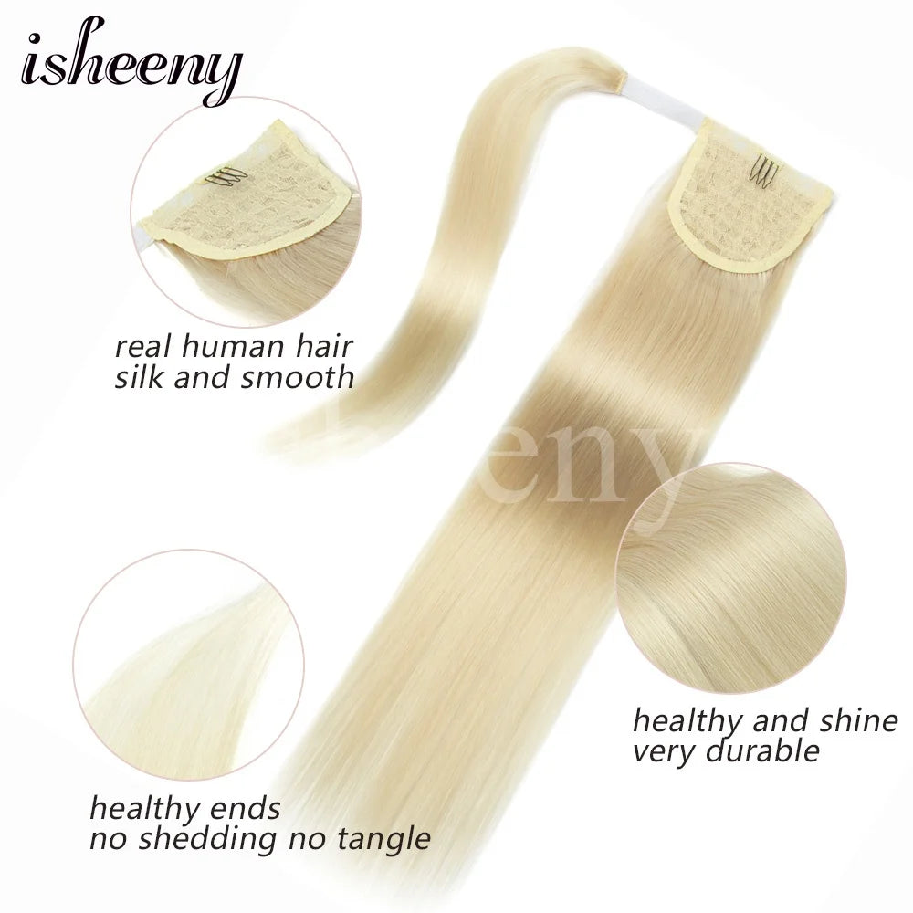 Isheeny straight human hair ponytail extension, natural Brazilian Remy hair, wrap clip-in style, 14-24 inches