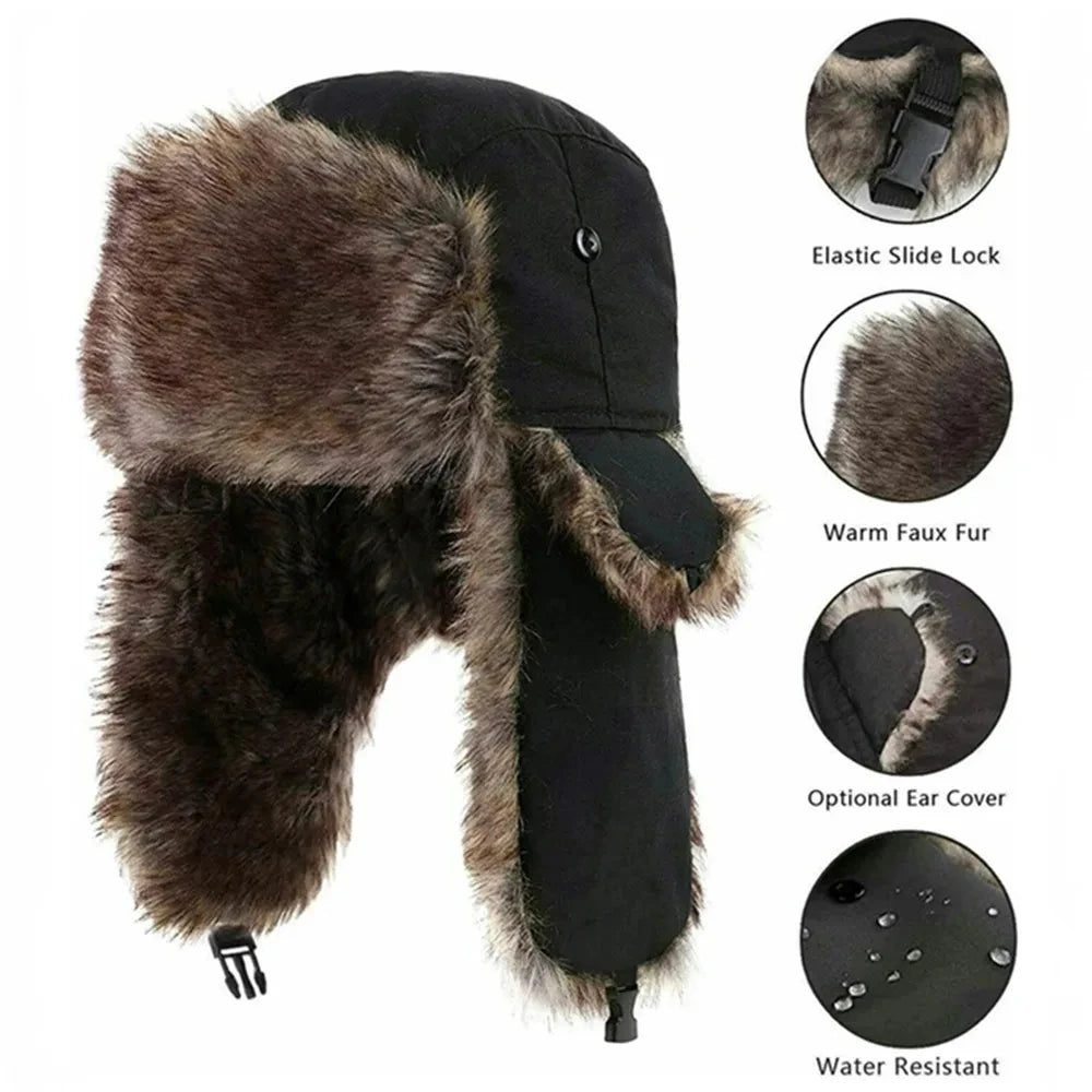 Women's faux fur trapper aviator hat with earflaps, warm winter Russian-style ski cap in brown