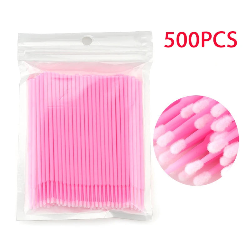 Set of 500/1000 micro brushes for eyelash extensions, crystal swabs and applicators, used for grafting and lash removal.