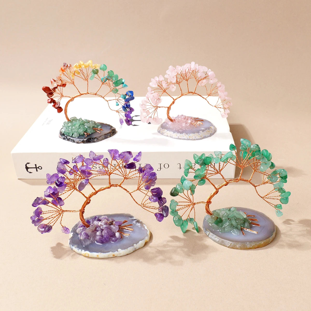 1pc Natural Crystal Lucky Tree Copper Wire Winding Amethyst Gravel With Agate Slice Base Home Decoration Money Trees