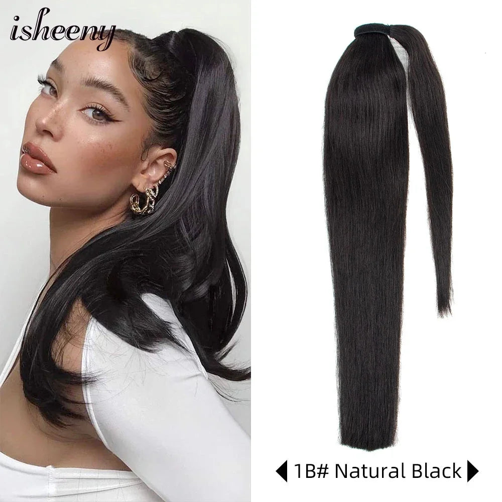 Isheeny straight human hair ponytail extension, natural Brazilian Remy wrap clip-in style in 14–24 inches